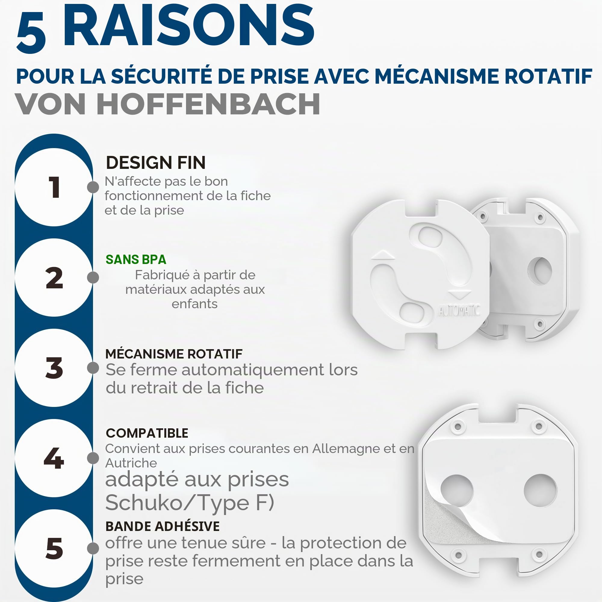 Hoffenbach Lot de 20 prises de courant avec mécanisme rotatif - Protection pour bébés et enfants - Protection de prise pour éviter les accidents et les chocs électriques - Prise de courant - Blanc