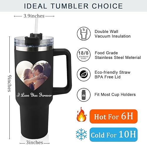 Miniatura 6 de Regalos para parejas, vaso aislado personalizado con asa, vasos personalizados de 40 onzas con tapa y pajilla, sellado al vacío doble para bebidas