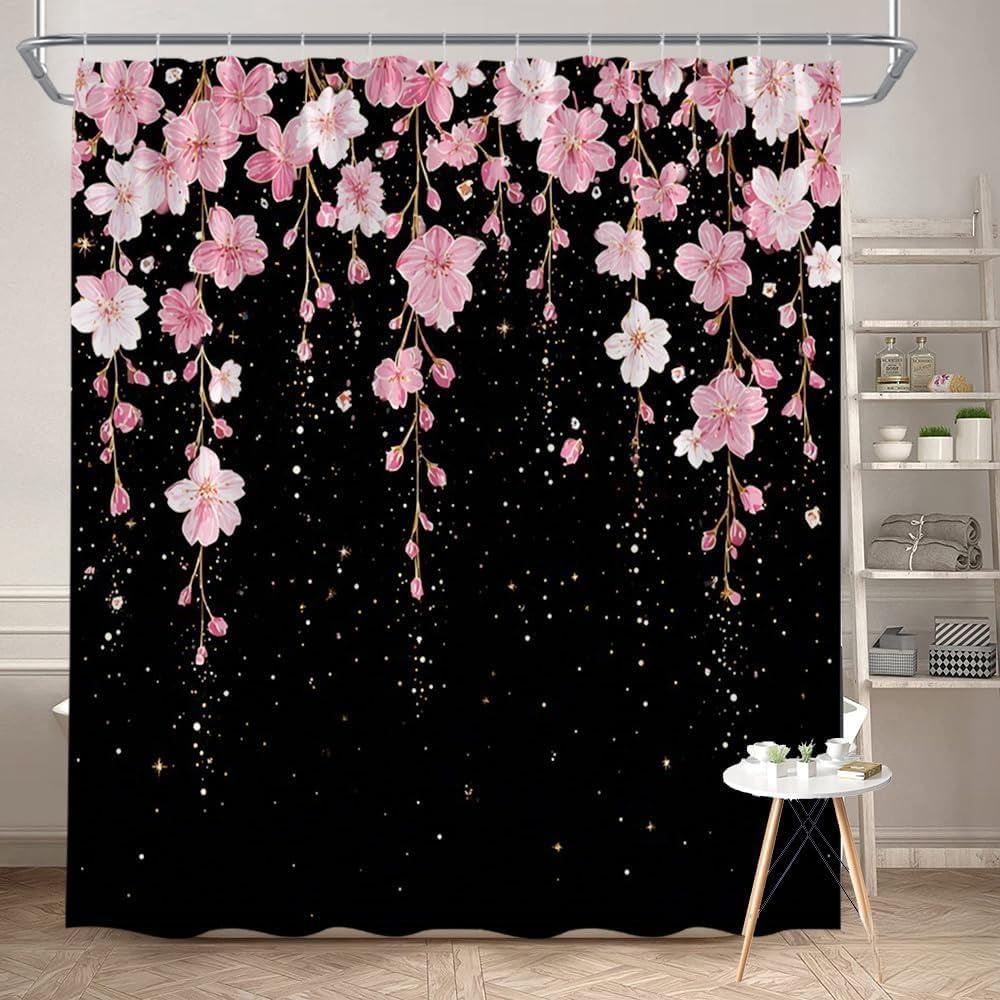 Glwdmb J-16 1 Piece 180X200cm Cherry Blossoms Printed Shower Curtain With Hook, Polyester, For Windows And Walls, Bathtub, Bathroom, Machine Washable, All Season Universal