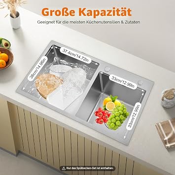 Double Stainless Steel Sink Kitchen Sink with Draining Board Built-in Sink Rectangular Sink Draining Basket 78 x 43 x 21 cm Black