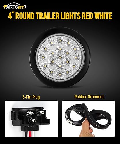 Miniatura 2 de Partsam Juego de 2 luces traseras redondas rojas de 4 pulgadas y luces de respaldo blancas, 19 diodos con ojales de goma y coletas de cable de 3