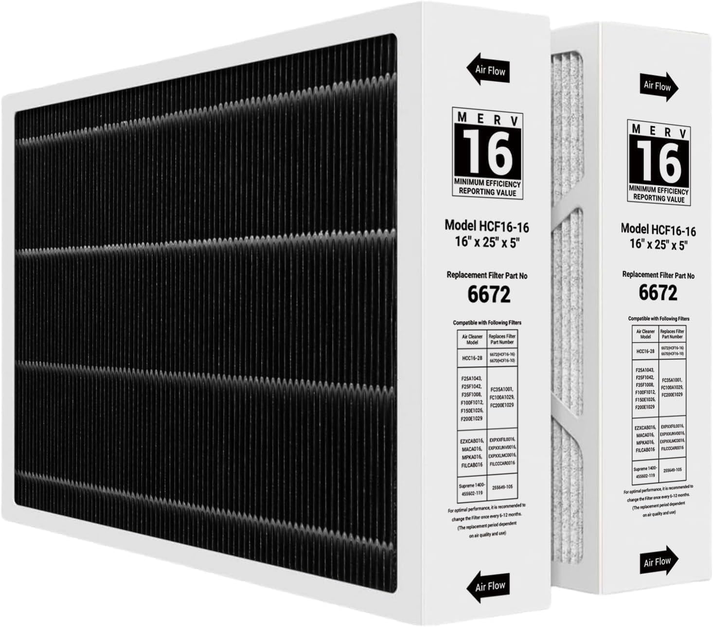 X6672 MERV 16 16x25x5 Furnace Filter Compatible with Lennox X6672 for Furnace HVAC System, Part #HCF16-16, 2 Pack