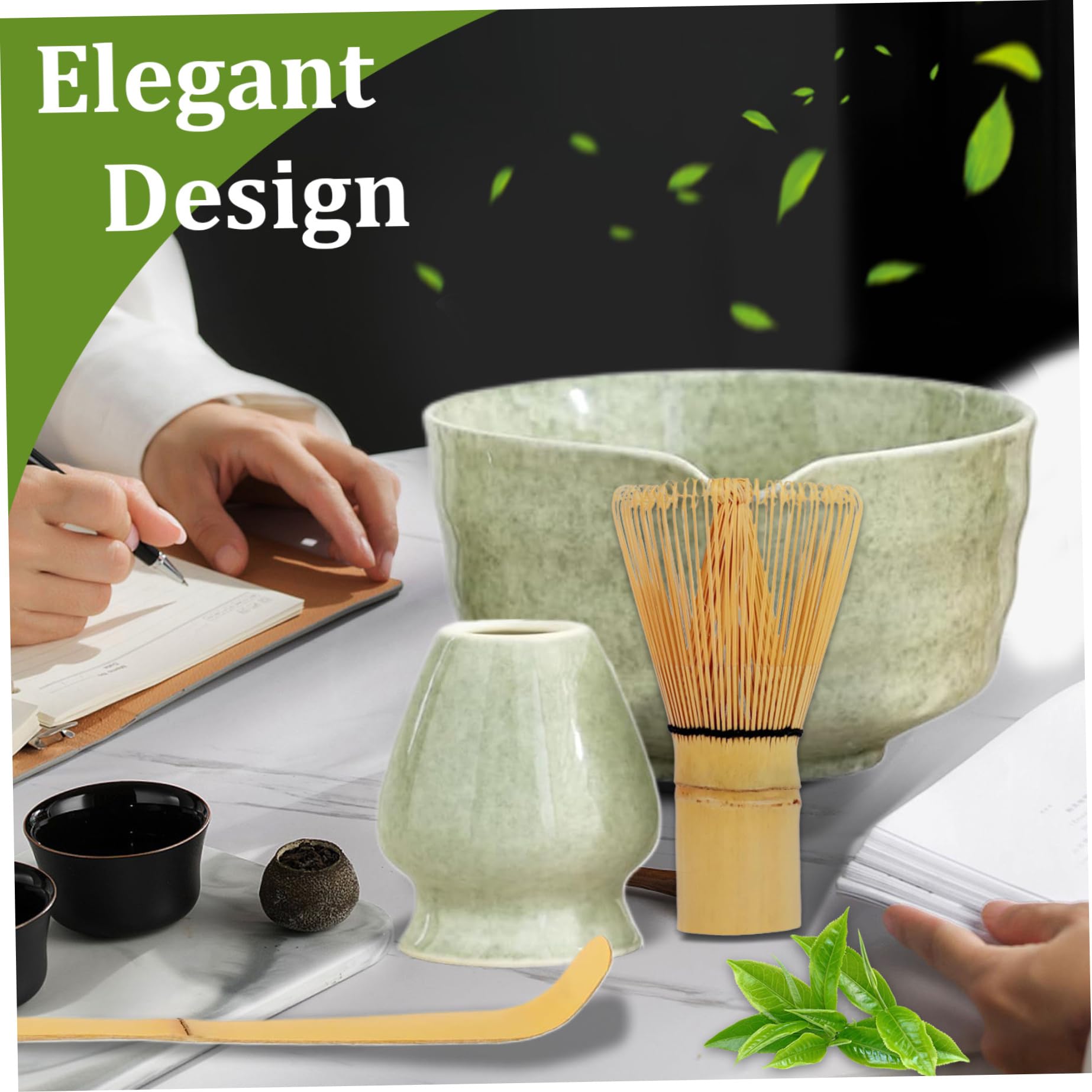 Juego de batidor Matcha, juego reutilizable de batidor Matcha de cerámica, elegante kit que incluye cuenco con pico, soporte, bambú y cuchara de bambú para los amantes del té