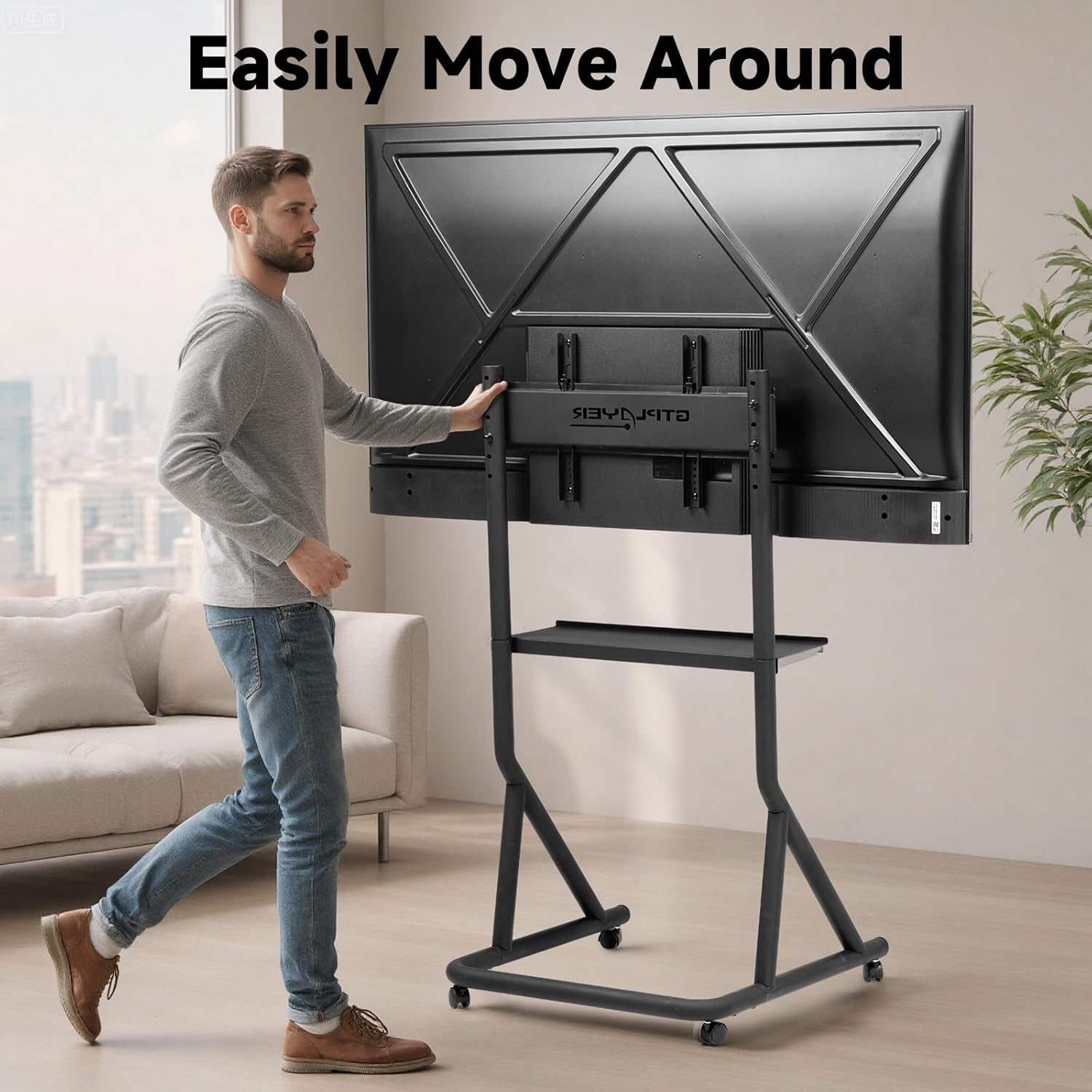 GTPLAYER Monitor Stand Mobile TV Stand with Adjustable Height for 32-65 Inch Display TV Mount Fit for Racing Wheel Stand, Racing Simulator Cockpit, Only Monitor Stand, TV Not Included, Black