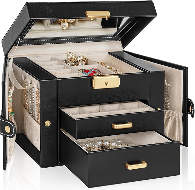 Caja Organizadora de Joyería con Espejo y Candado 3 Niveles