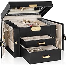 TORIBIO Jewelry Box for Women, Leather Jewelry Organizer with Mirror &amp; Lock, 3-Tier Jewelry Storage Organizer with 2 Drawers for Girls/Women/Mothers, Necklace Earring Bracelets Holder Organizer