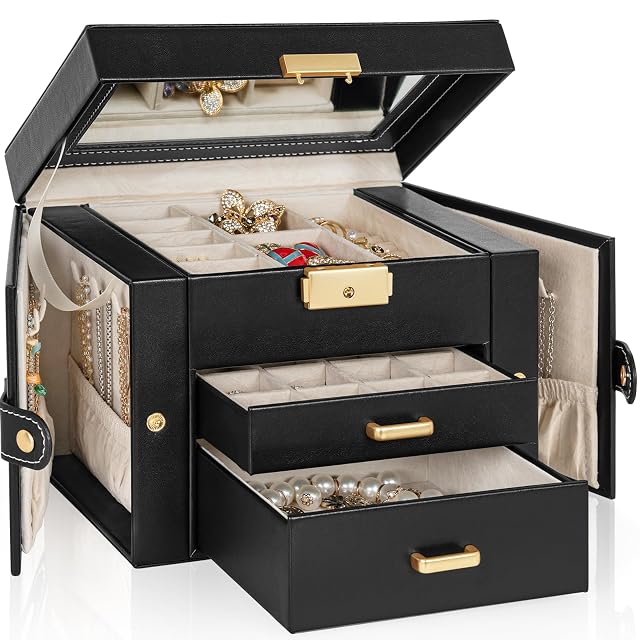 TORIBIO Jewelry Box for Women Leather Jewelry Organizer with Mirror Lock 3-Tier Jewelry Storage Organizer with 2 Drawers