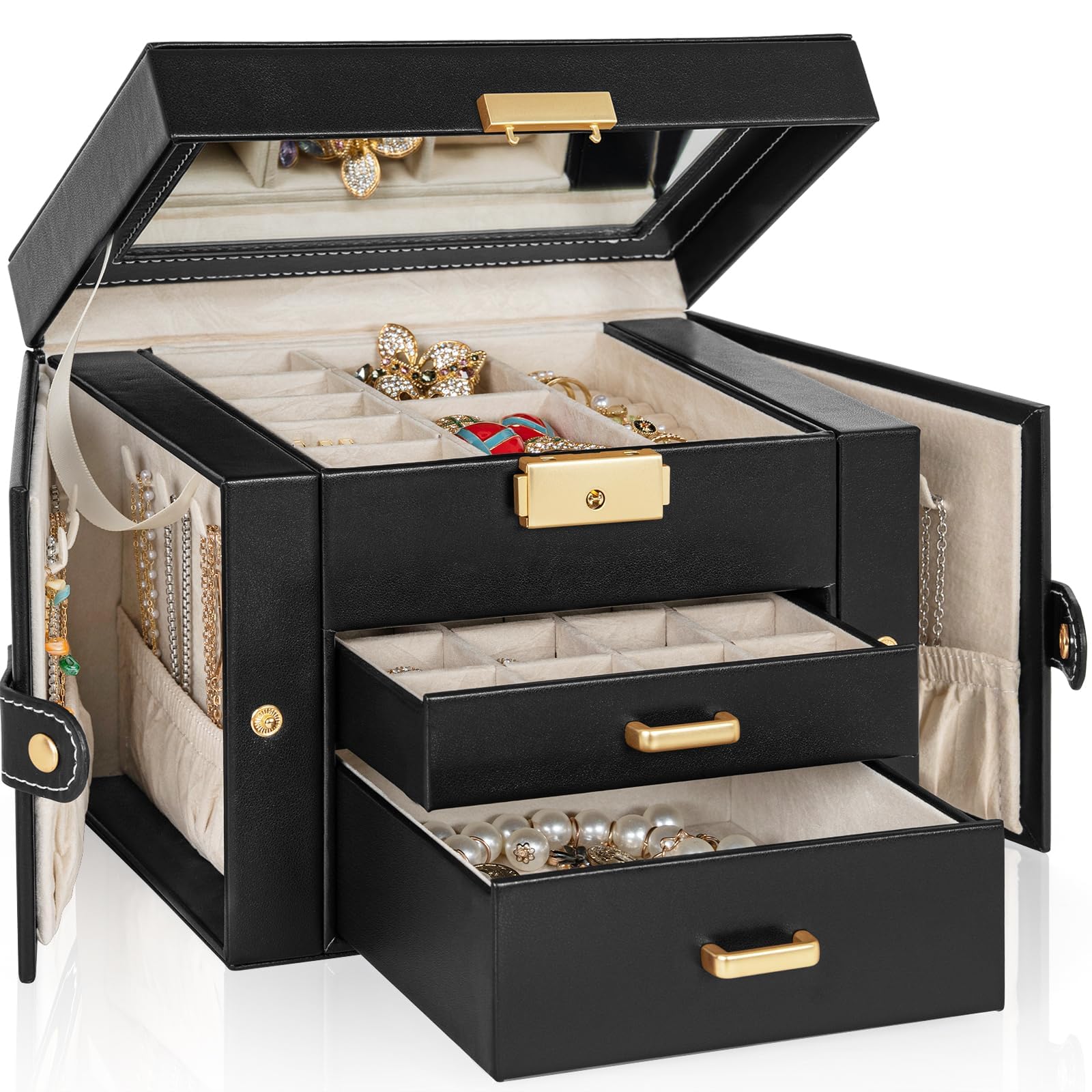 TORIBIO Jewelry Box for Women Leather Jewelry Organizer with Mirror Lock 3-Tier Jewelry Storage Organizer with 2 Drawers