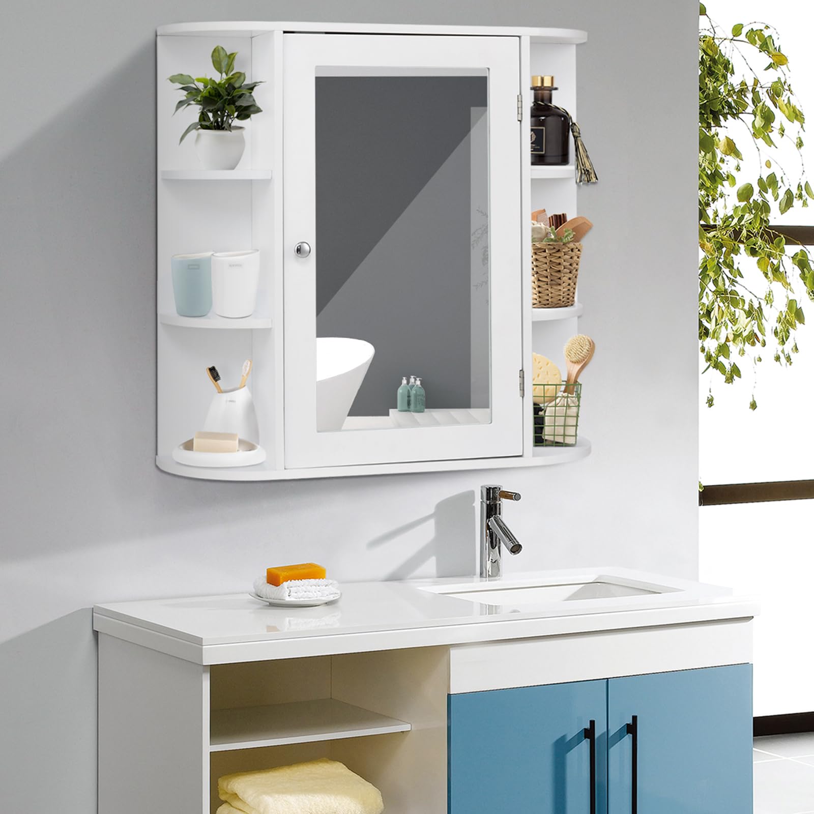 COSTWAY Mobile da Bagno 66 x 17 x 63cm, Armadietto da parete con Specchio, Ante e Mensola Regolabile, Armadietto Moderno e Multiuso, Bianco