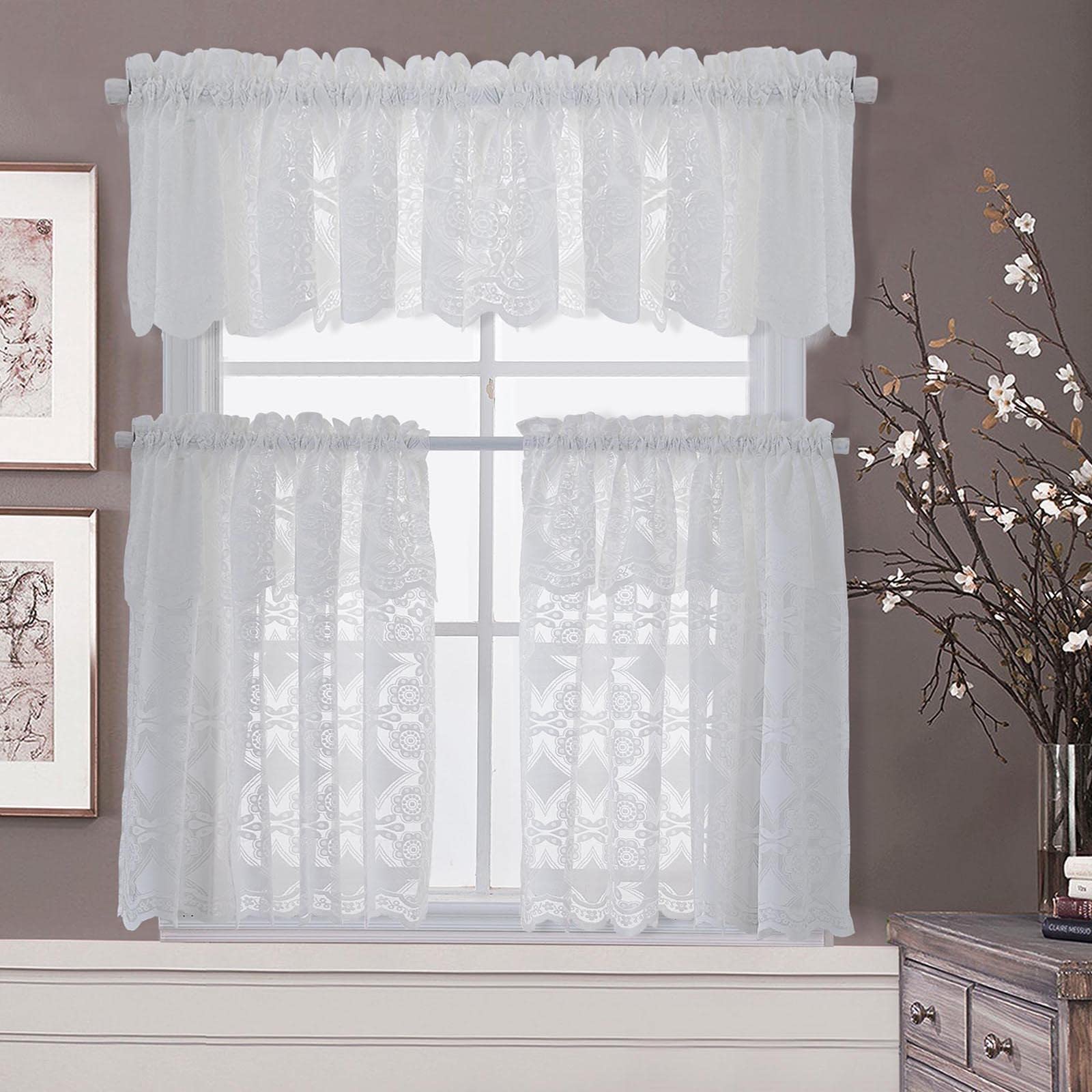 ATORSE Kitchen Curtain Tier Lace Window Valance for Bar Cafe Balcony Dining Room White
