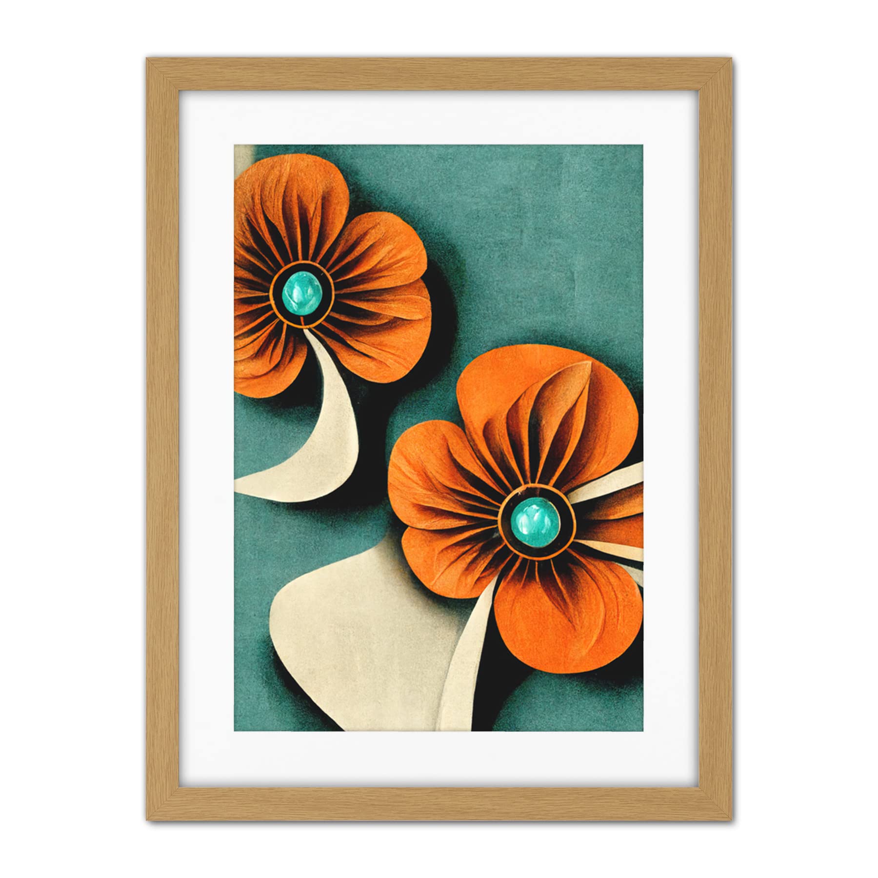 Doppelganger33 LTD Abstract Papercut Orange And Cream Flowers On Teal Artwork Framed Wall Art Print 18X24 Inch