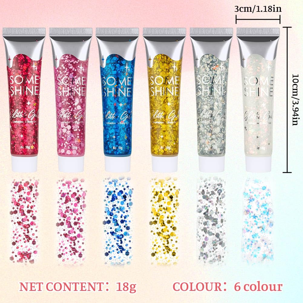 Purpurina Cara Gel 18g Festival Gel Purpurina Líquida Corporal Chunky Glitter Carnaval (Azul+Rosa+Plata+Blanco+Oro+Rojo Rosa)