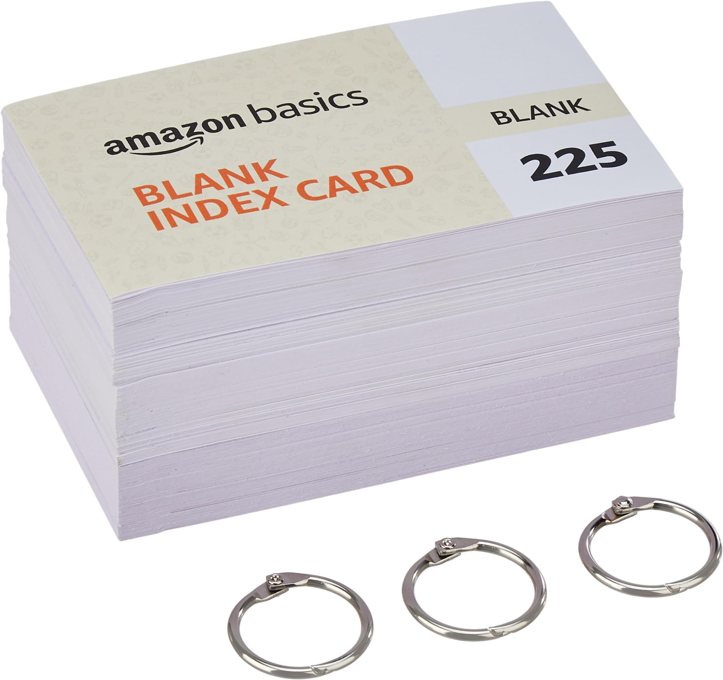 Amazon Basics Unruled Index Flash Cards - 3x5 inch, White, 225 Cards, 200 GSM - with Free Binder Rings for Short Notes, Cue Cards, Exam, Interview Preparation (3x5 inch Plain - 225 Sheets)
