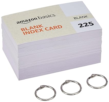 Amazon Basics Unruled Index Flash Cards - 3x5 inch, White, 225 Cards, 200 GSM - with Free Binder Rings for Short Notes, Cue Cards, Exam, Interview Preparation (3x5 inch Plain - 225 Sheets)