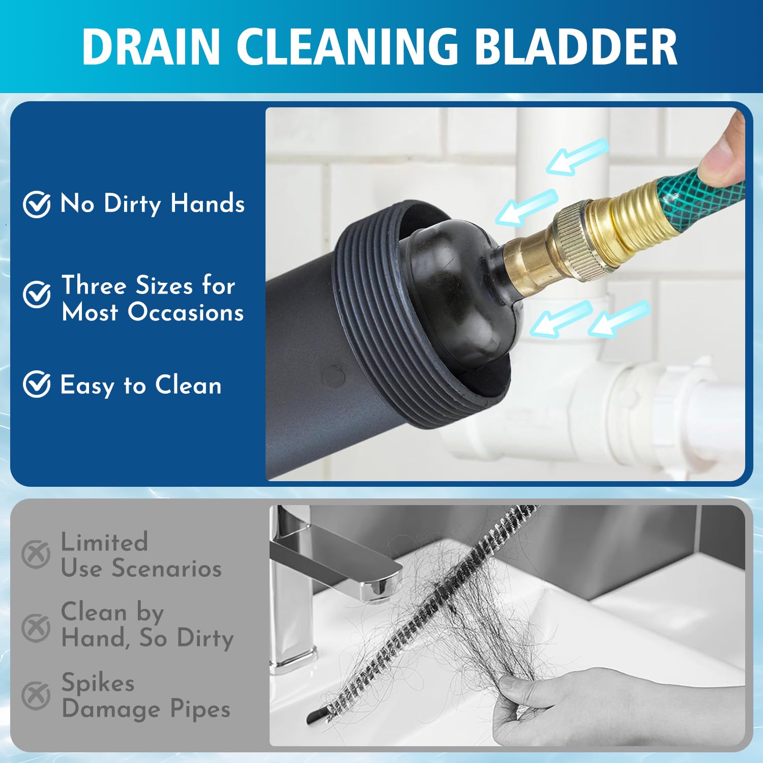 Deboucheur Canalisation, Débouche canalisations Kit Déboucheur à Eau Sous Pression pour 25 à 152 mm Débouche Goutières, Toilettes et Tuyaux﻿ (Lot de 3)