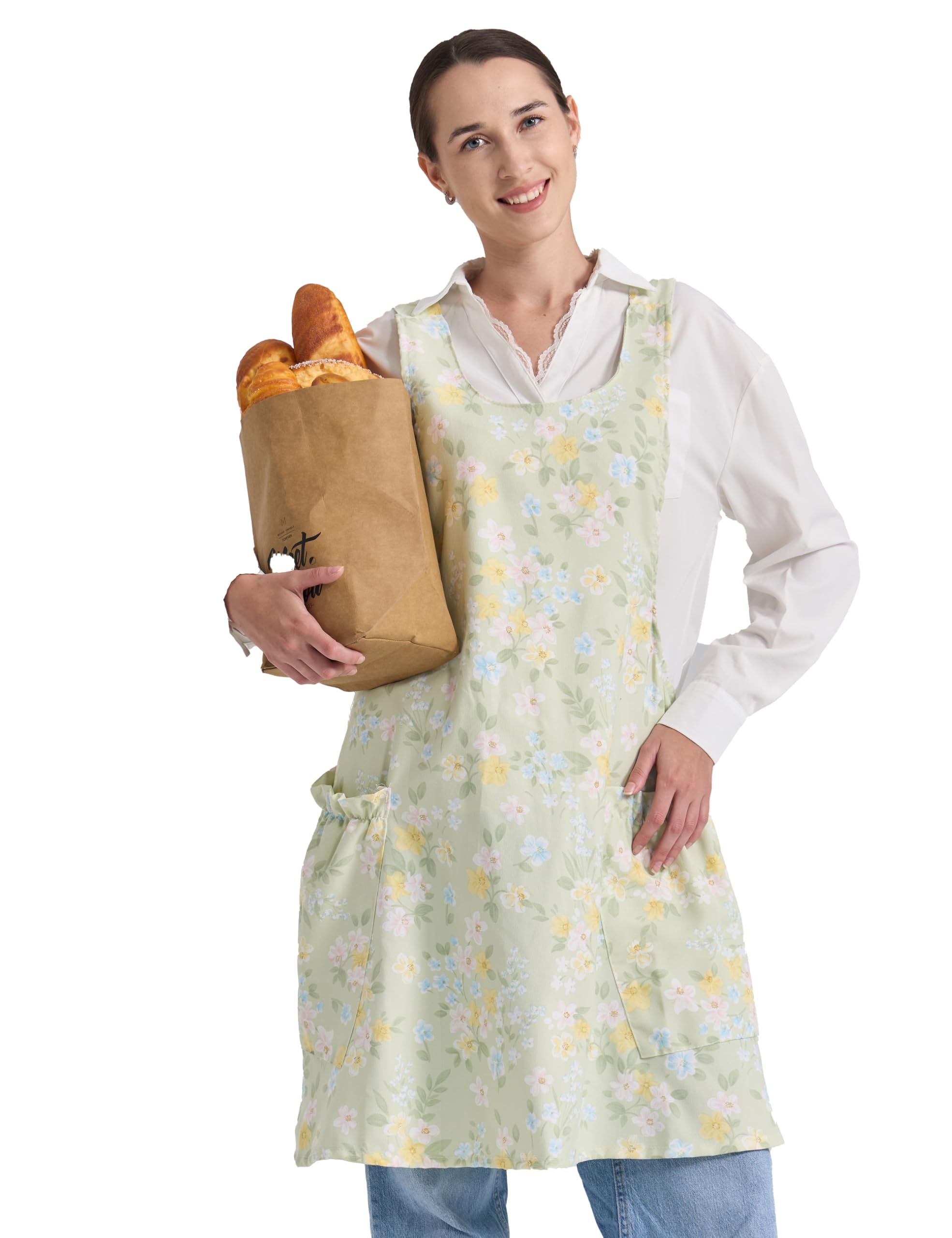 Cozy Adjustable Cross Back Aprons for Women with Pockets Cotton Linen Cooking Kitchen Baking