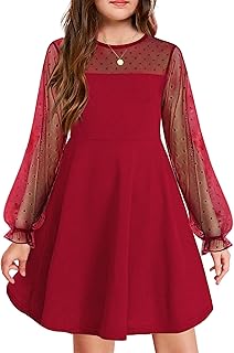 Girl's Contrast Mesh Puff Long Sleeve High Waist A Line Short Dress with Pockets for 6-13 Years - Buy now
