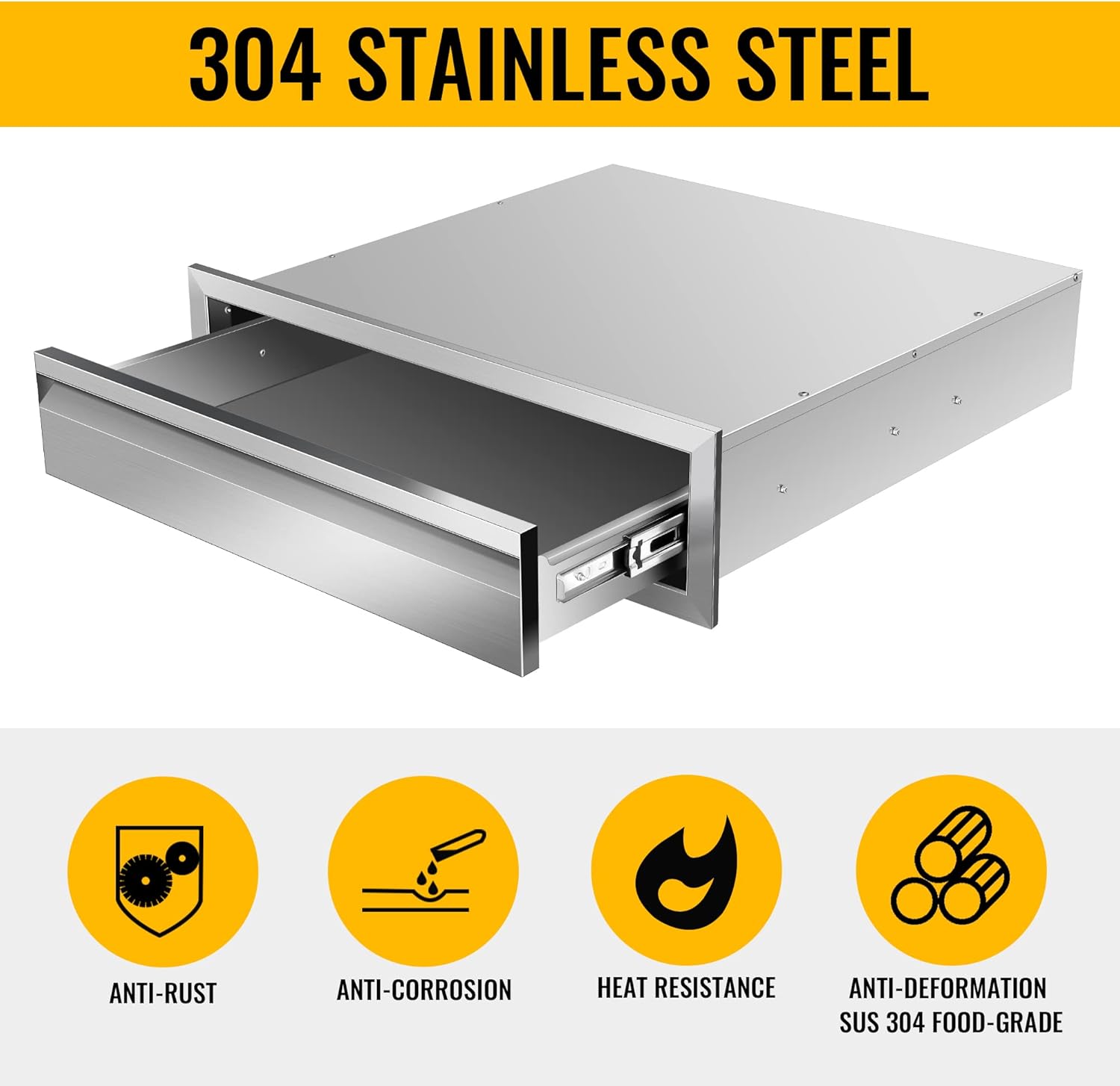 Outdoor Kitchen Single Drawer 24" W x 6.5" H x 23" D Inch Stainless Steel Flush Mount BBQ for Outdoor Kitchen Island, or Patio Grill Station