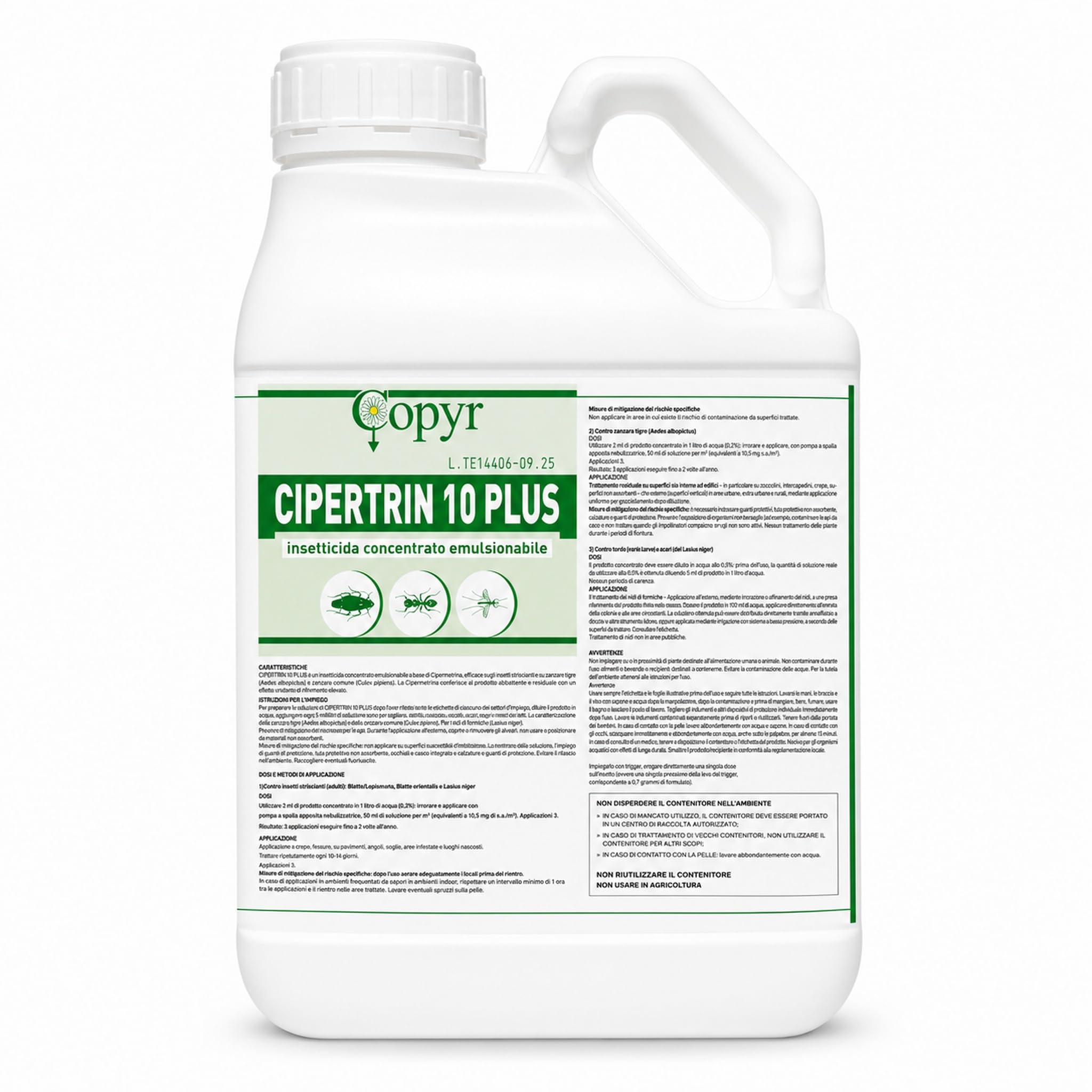 Cipertrin 10 Plus 5 L Copyr – Insetticida Concentrato Emulsionabile a Rapido Effetto Abbattente contro Zanzara Tigre, Blatte e Formiche