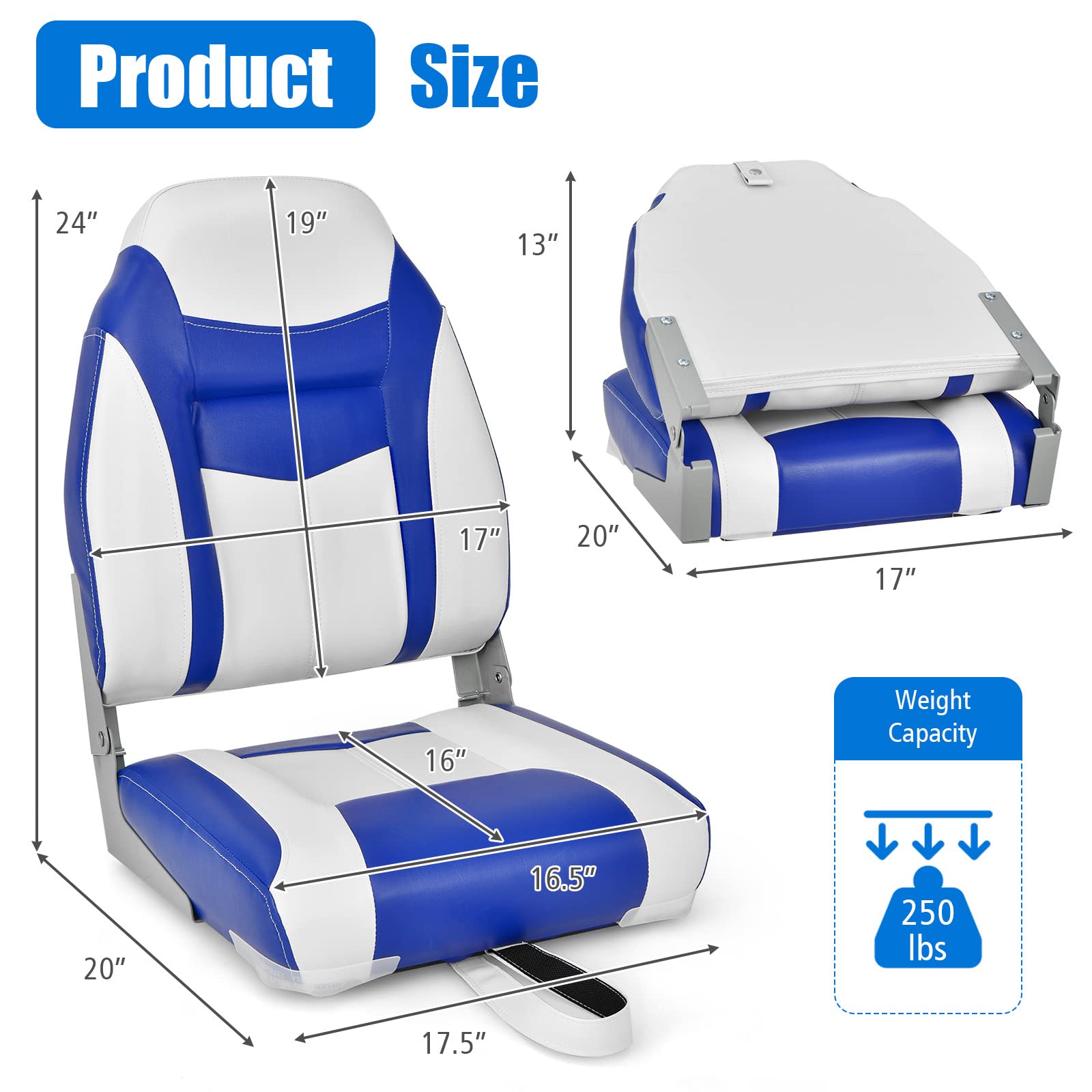 GOPLUS Asiento de Barco, Asiento de Pesca Plegable con Cojín Acolchado Suave y Costuras Reforzadas, Diseño Ergonómico, 115KG de Capacidad para Pesca en Yate (Azul)