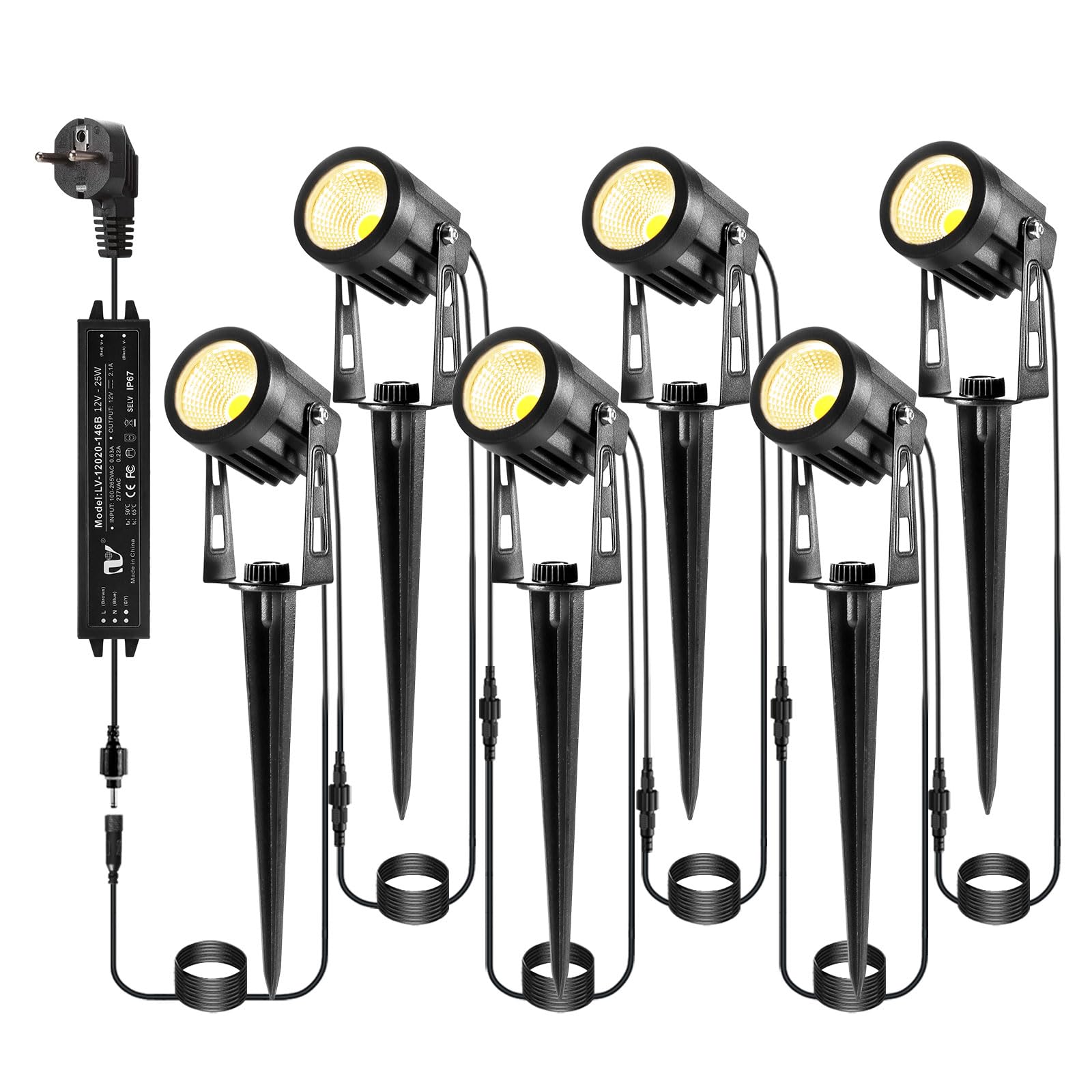 Gartenbeleuchtung mit Strom, 6er 21m Gartenleuchte mit Erdspieß und Stecker, IP65 Wasserdicht Gartenstrahler Led Außen, Gartenstrahler Warmweiß COB Gartenlampe für Rasen, Haus, Hof