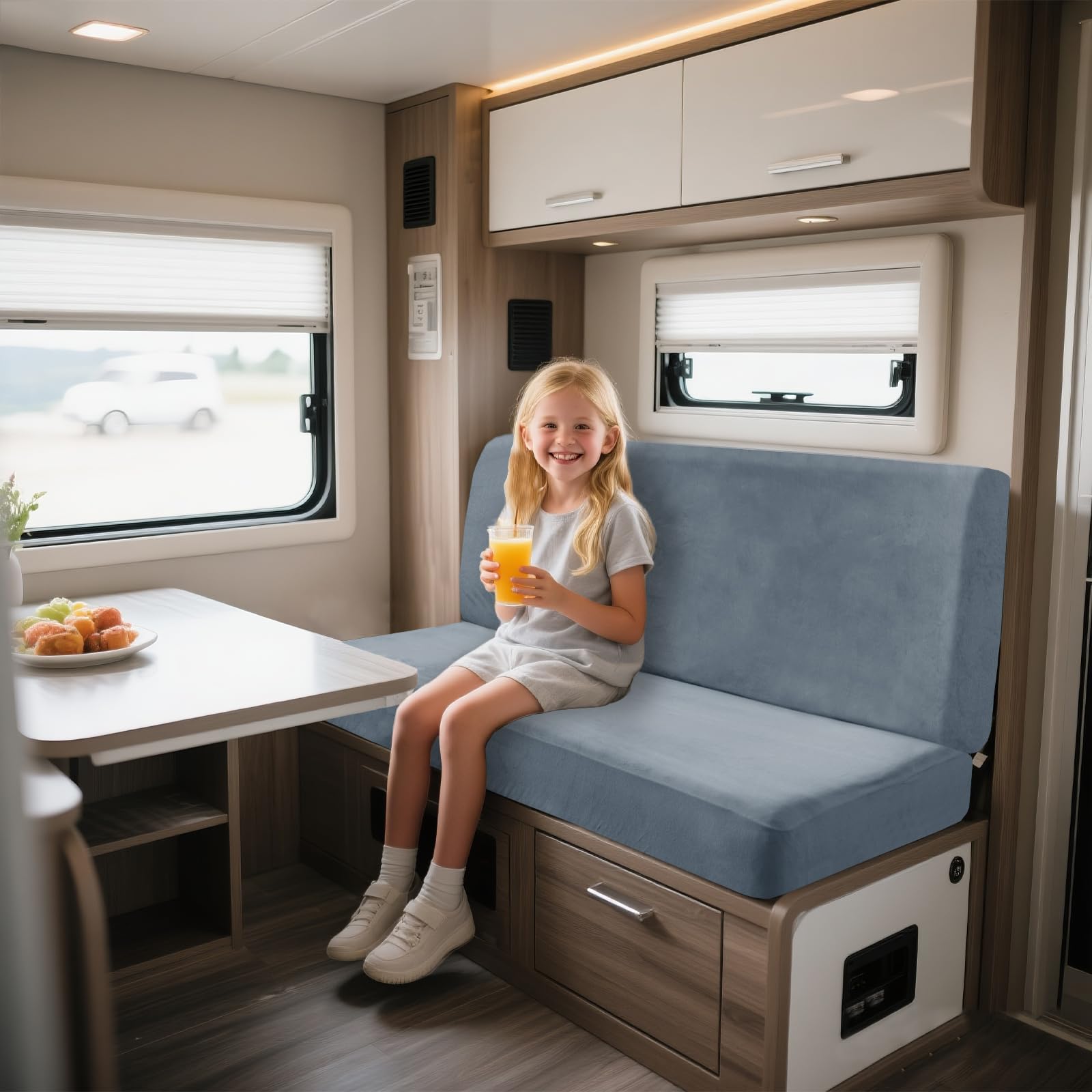 UNBBRRL Motorhome Seat Covers Stretchy Velvet, Caravan Dinette Cushion Cover Set (2pcs), RV Bench/sofa Cushion Cover with Fixing Ties (light blue,Rectangle-L)