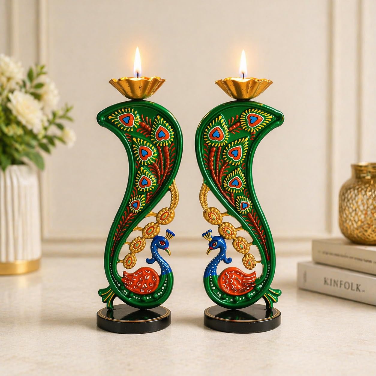 CraftVatika Elegant Metal Peacock Candle Holder - Peacock Decoration Items, Perfect Home Decoration Diwali, Intricate Design Tealight Candle Holders for Home Decor, Handpainted Tealight Candle Holder-image-16
