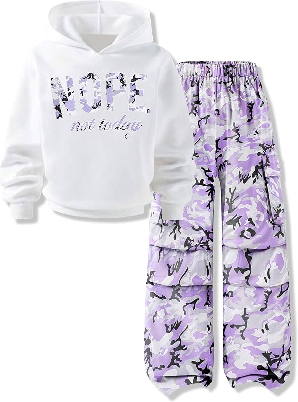 Ropa para niña de 7-14 años, conjunto de 2 piezas con sudadera con capucha y estampado de letras, y pantalones cargo
