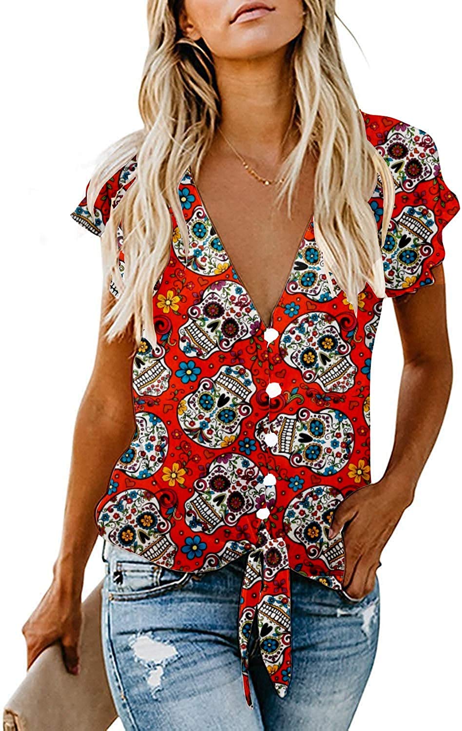 Women's Summer Deep V Neck Flutter Sleeve Button Down Front Tie Casual Tops Shirts and Blouses