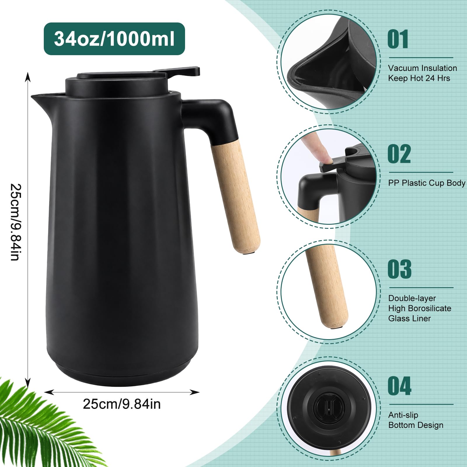 2 caraffe termiche da 1 l, a doppia parete, per caffettiera sottovuoto
