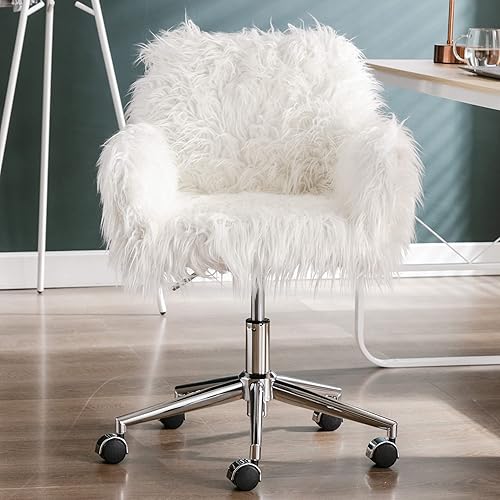 DKLGG Faux Fur Desk Chair, Cute Fluffy Upholstered Padded Seat, Vanity Accent Modern Height Adjustable Swivel Arm Decorative Furniture for Living Room/Makeup/Home Office/Teen Girls Bedroom, White