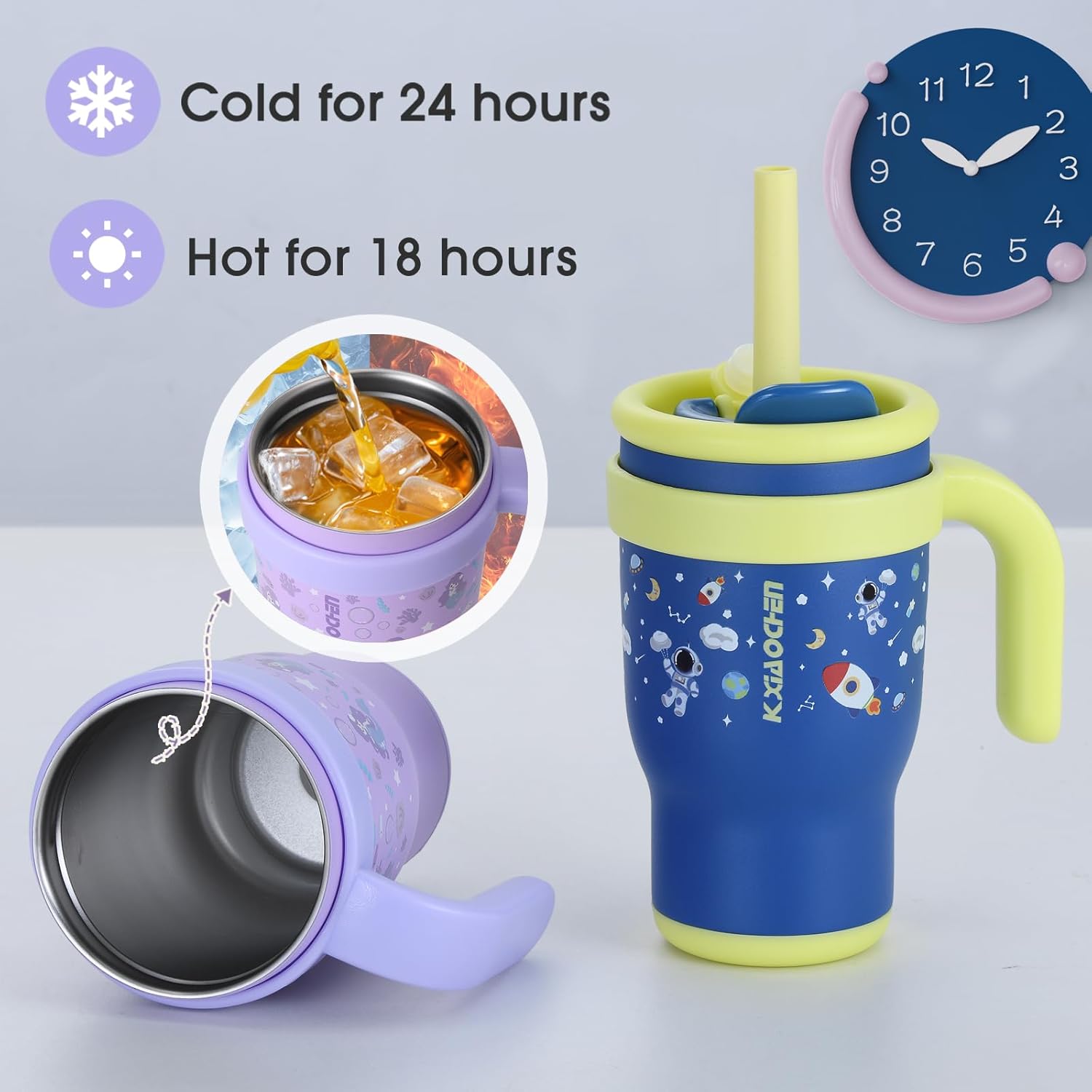 KXIAOCHEN 14 oz Kids Tumbler with Handle for Spill Proof Insulated Stainless Steel Reusable Tumbler for Toddlers, Keeps Drinks Cold up to 24 Hrs,Mermaid+Spaceman2P - Image 3