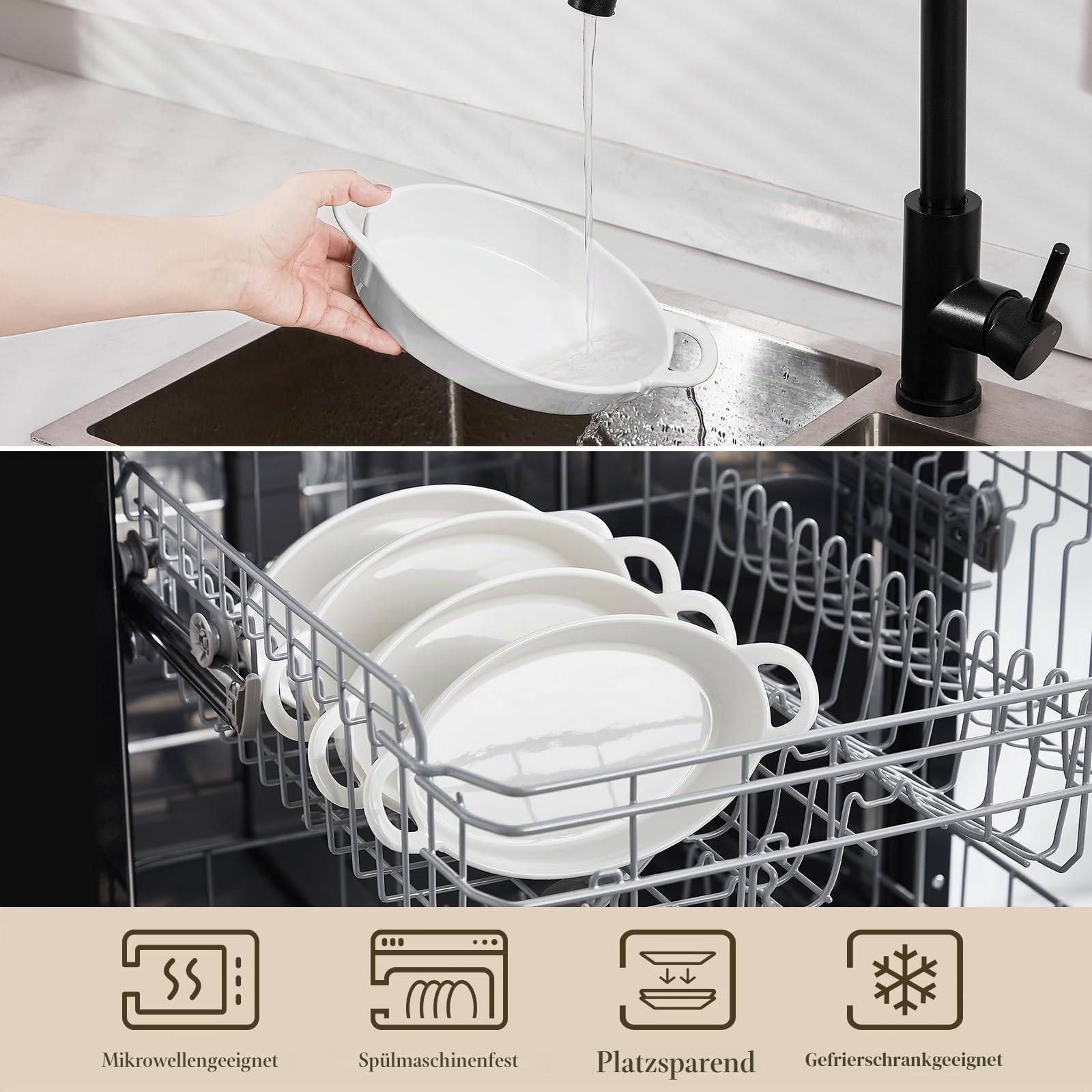 MALACASA Auflaufform Klein 4er Set, 600ML Auflaufform mit Griffen, Ovale Auflaufformen aus Keramik, kratzfest & robust, Kleine Backform für Lasagne, Gratin, Pasta, Desserts & mehr, Weiß