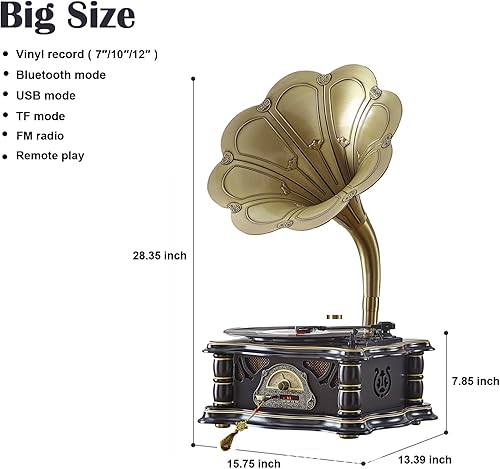 Miniatura 10 de Tocadiscos vintage de madera para gramófono, tocadiscos de fonógrafo retro, tocadiscos de 3 velocidades para disco de vinilo con audio Bluetooth,