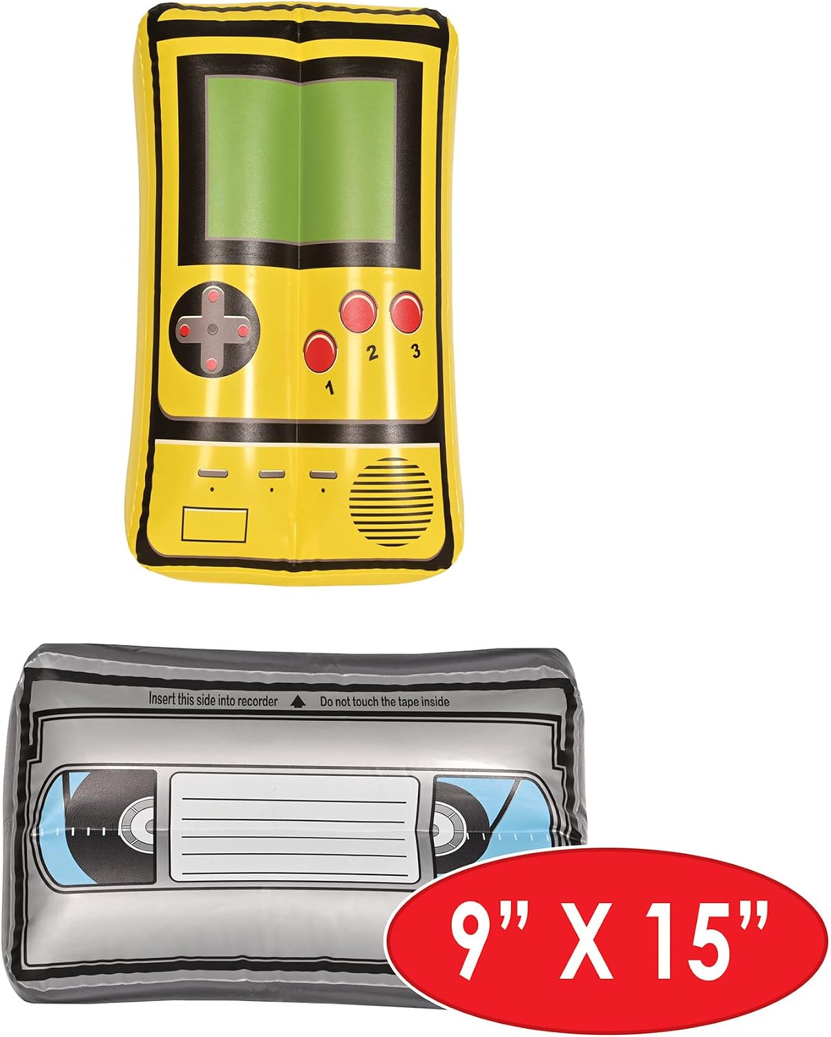Beistle 2 Piece Novelty Inflatable VHS Tape & Handheld Game Throwback 1990's Theme Party Decorations, 9" x 15", Black/Yellow/Red/Gray/Blue