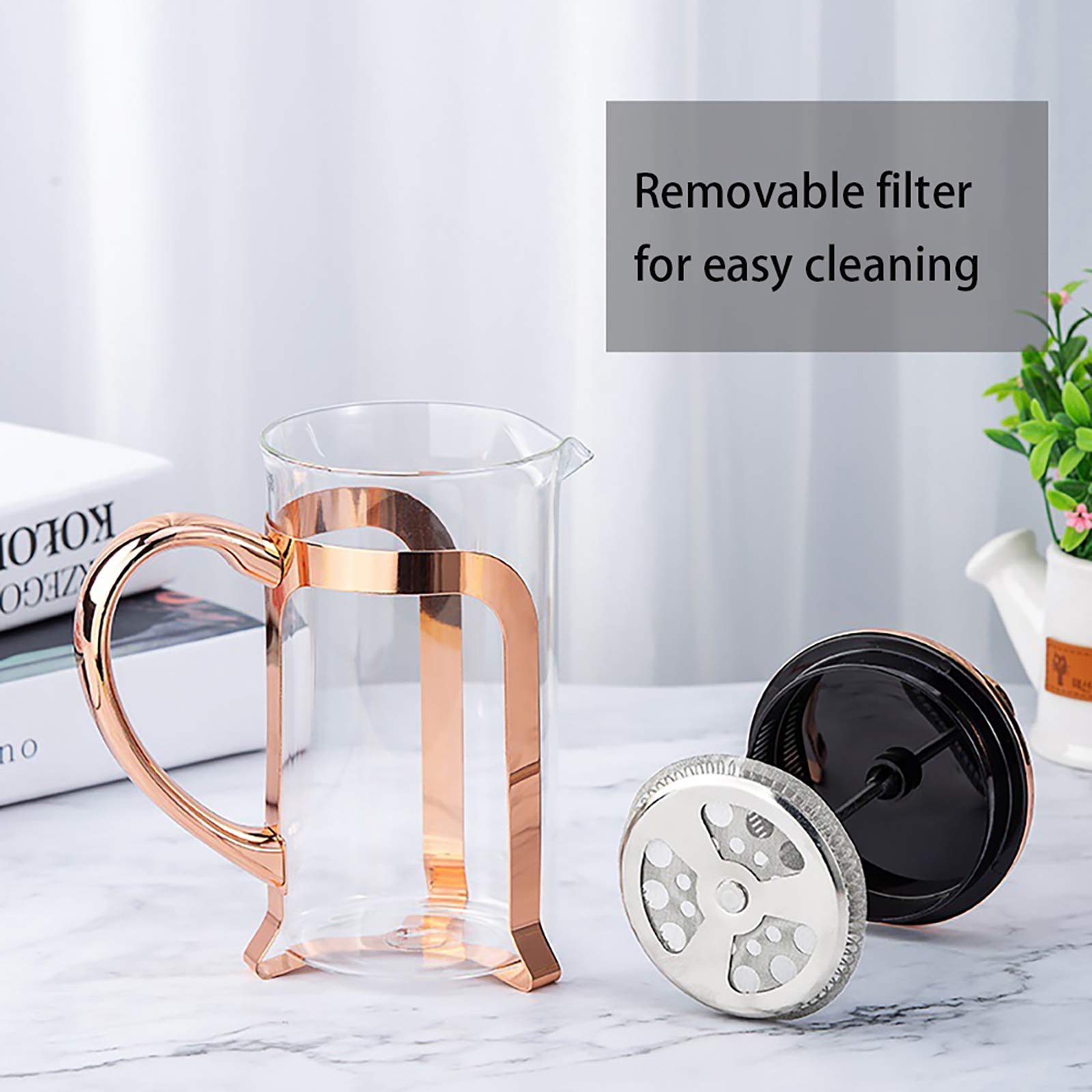 QWEASDF Rosa de Oro Cafetera Resistente al Calor Vidrio borosilicato té del Acero Inoxidable de Fugas Triángulo Base trípode de 3 Niveles Filtration Systems Confort Mango