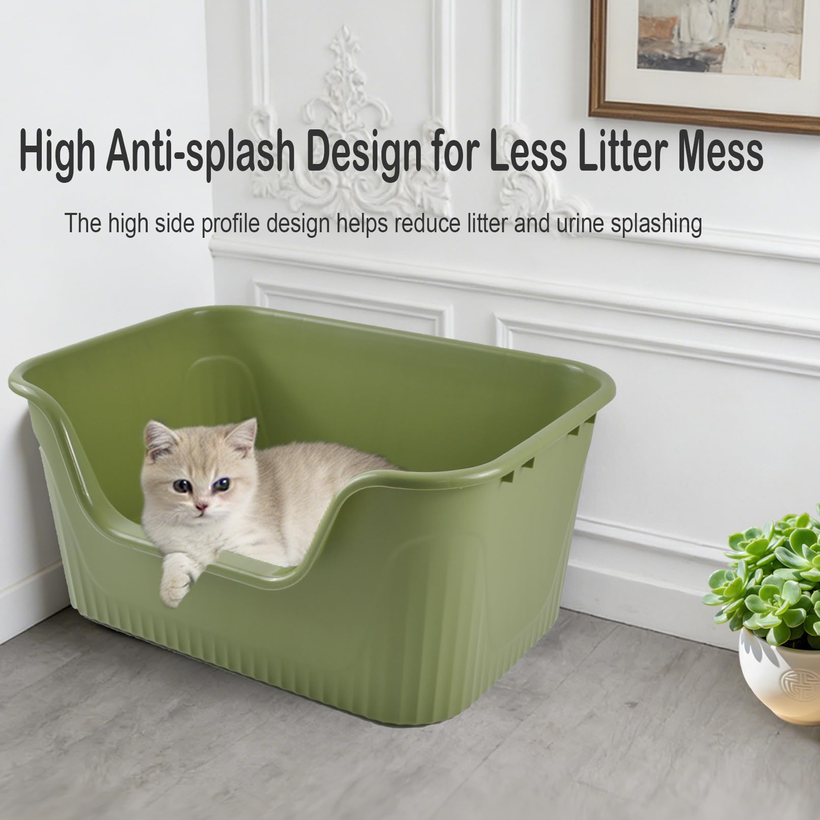 kathson Extra große Katzentoilette mit hohen Seiten, 54 x 41 x 27 cm, Jumbo-Katzentoilette für große Katzen, spritzwasserfest, einfache Reinigung, seitlicher Einstieg (grün)