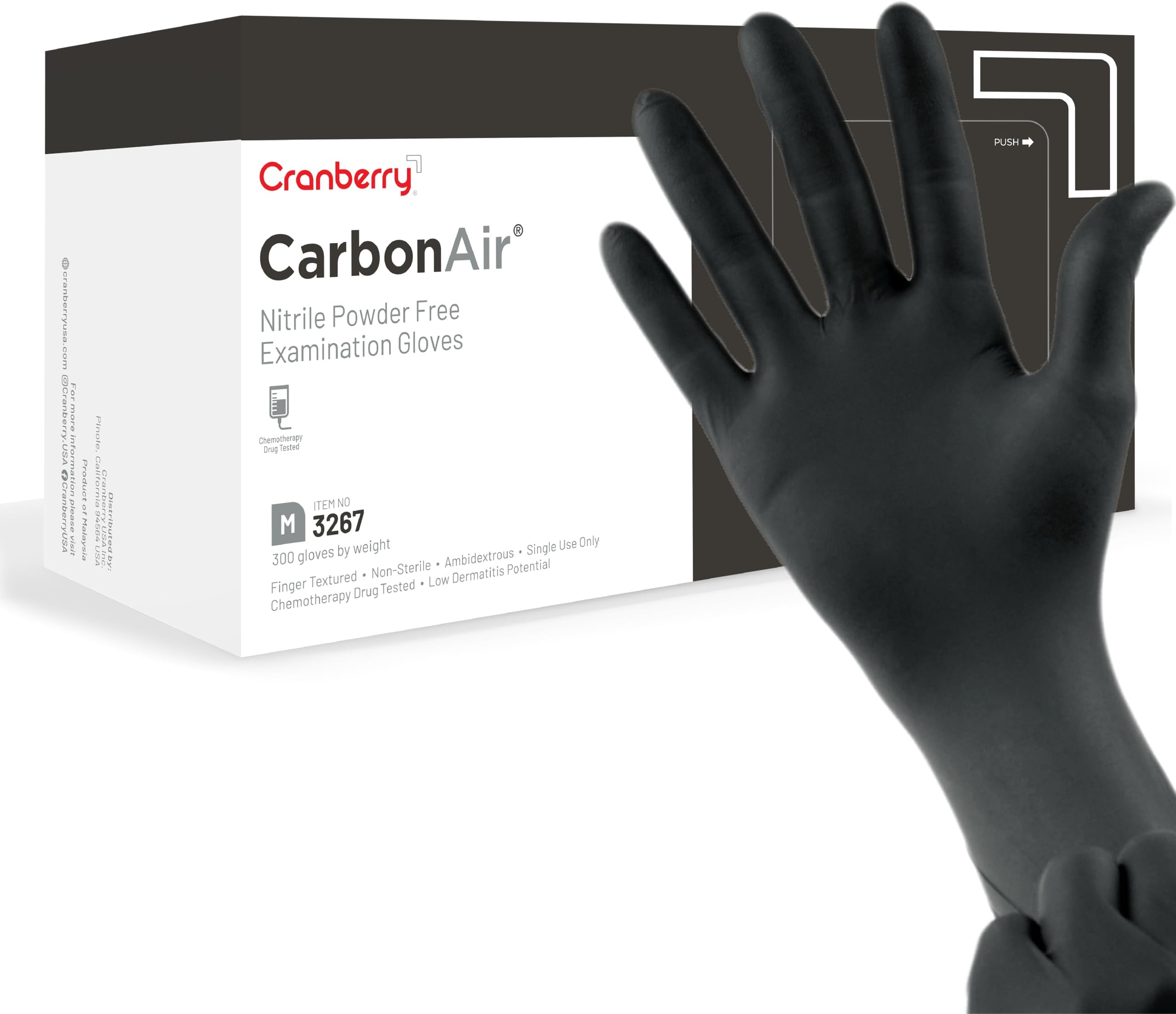 Cranberry Carbon Air Black Nitrile Gloves Disposable, Latex Free Powder Free, Dental & Medical Exam & Food Safe Gloves, 2.5 Mil โ Chemo Rated, Fentanyl Resistant, Low Dermatitis (Large, 300 Count)