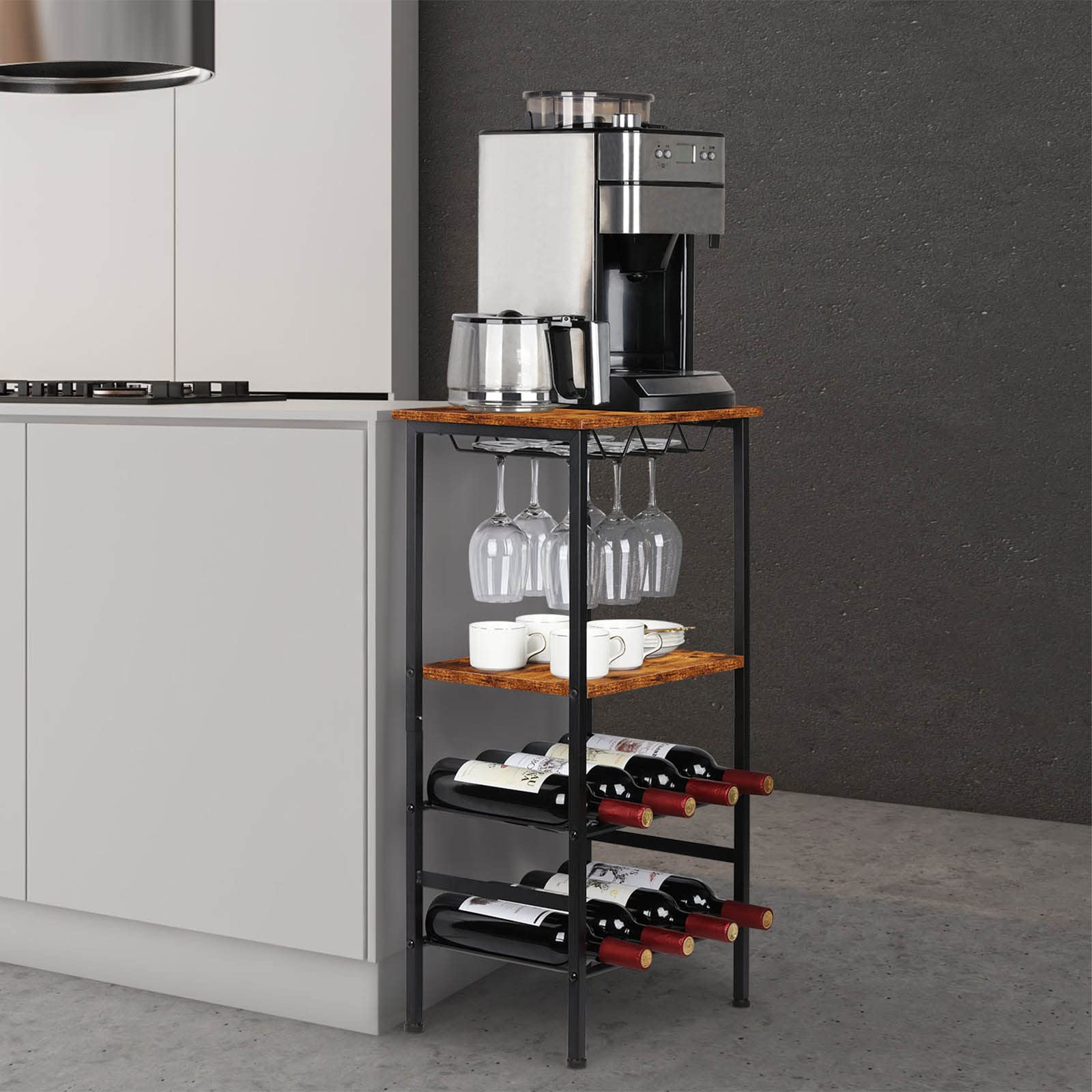 CADUKE Freistehendes Weinregal mit Weinglashalter, Barschrank mit Tischplatte, Flaschenregal für 8 Flaschen, Weintisch mit Lagerregalen für Keller, Bar, Küche und Lagerraum, Vintagebraun