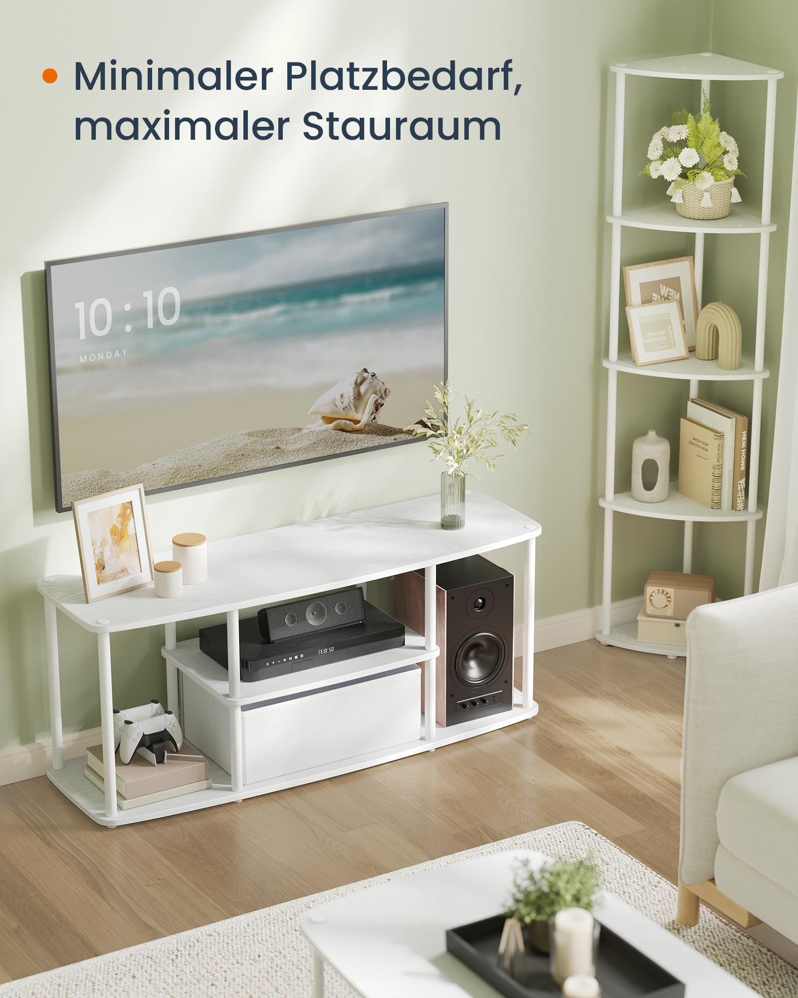 SONGMICS HOME Superschnelle werkzeuglose Montage, TV-Schrank für Fernseher bis zu 50 Zoll, Fernsehtisch, Lowboard, Wohnzimmer, 110 x 35 x 46 cm, Regal, schneeweiß-mattweiß LTV500W01