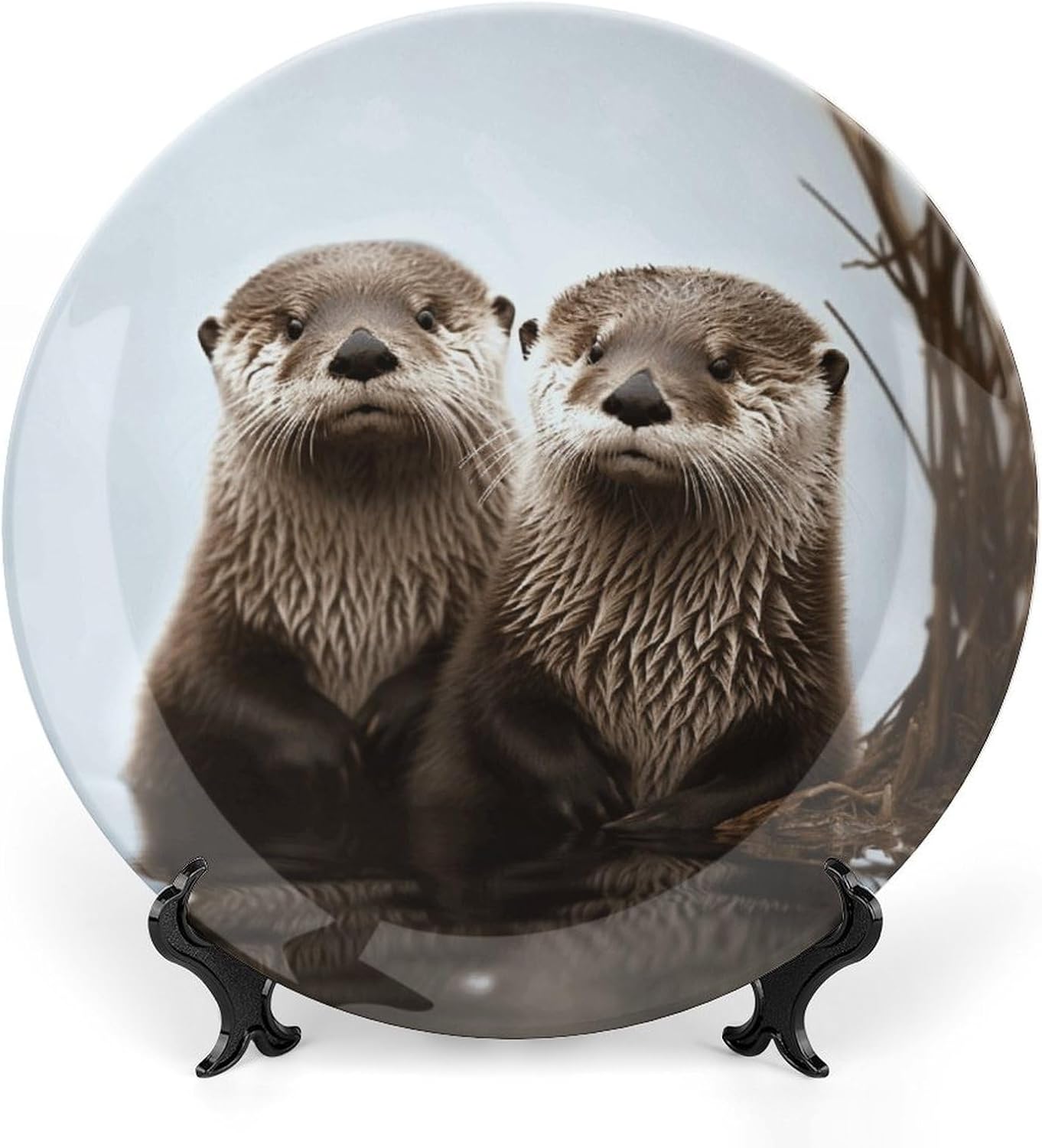 Cute Otter Bone China Decorative Plate with Display Stand, Ceramic Ornaments Plate for Wall Hanging, Personalized Porcelain Plates for Office, Living Room 8inch