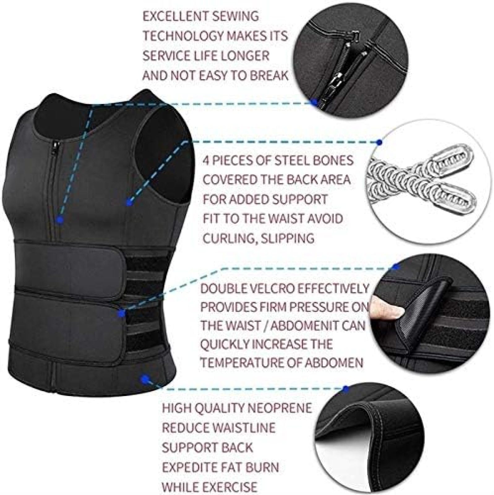 Herren Body Shaper Bauchweg-Weste Mit Taillentrainer-Gürtel, Neopren-Bauch-Shapewear, Tank-Top, Bauchgürtel Für Männer, Sauna-Schweißgürtel,Schwarz,3XL,YUYANAIAI
