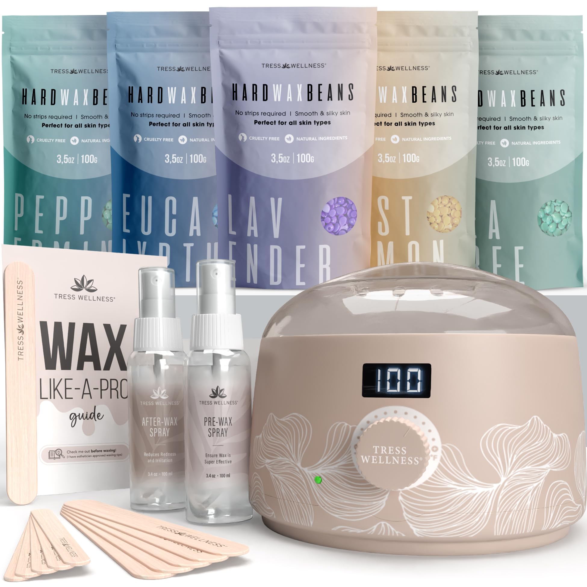 Tress WellnessWaxing Kit for Sensitive Skin – Safe for Face & Skin, Prep & Aftercare Spray, Easy to Use – At-Home Kit for Face, Bikini, Brazilian & Full Body - Digital Display, Dusty Peach