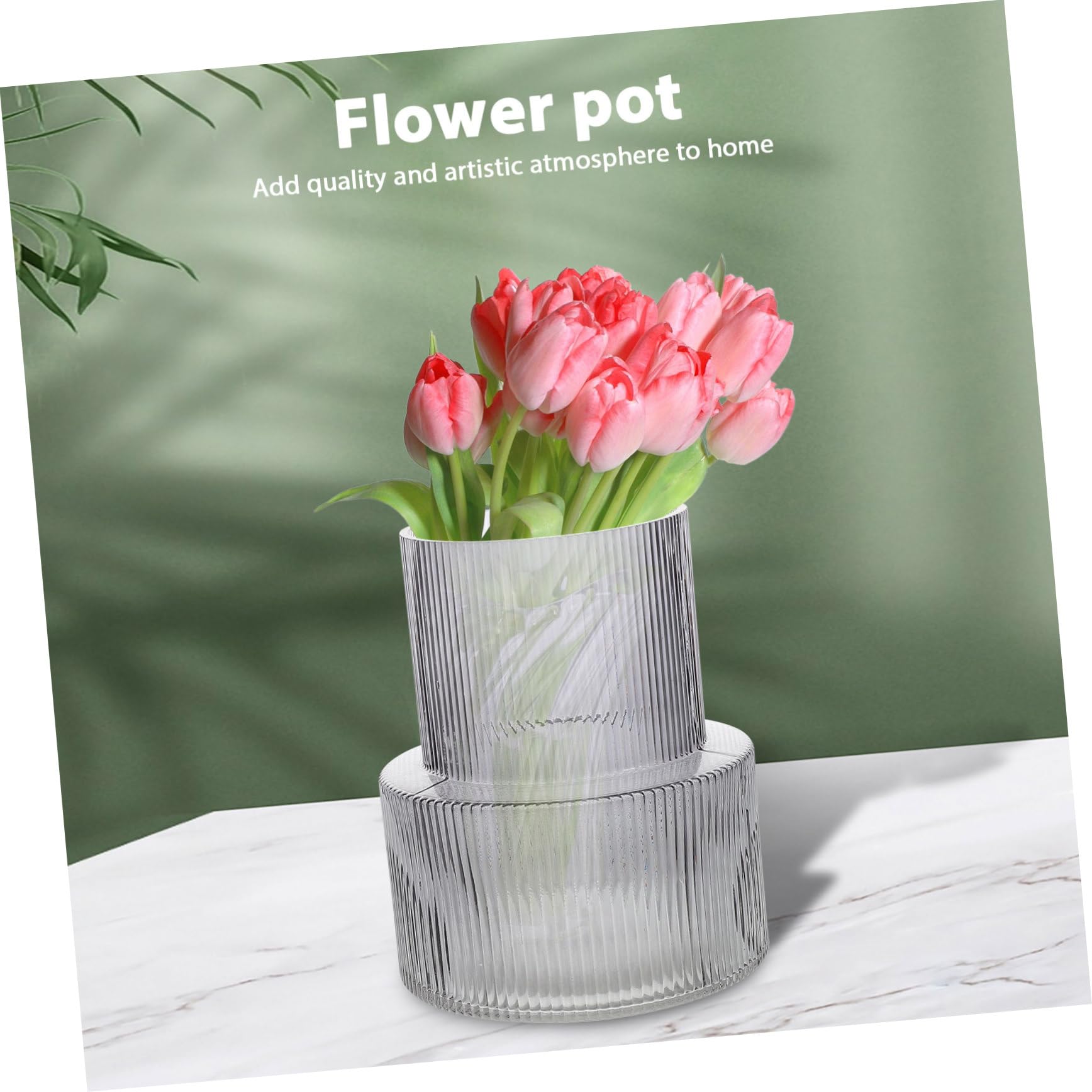 Vase Décoratif en Verre Côtelé Gris pour Fleurs, Table et Maison