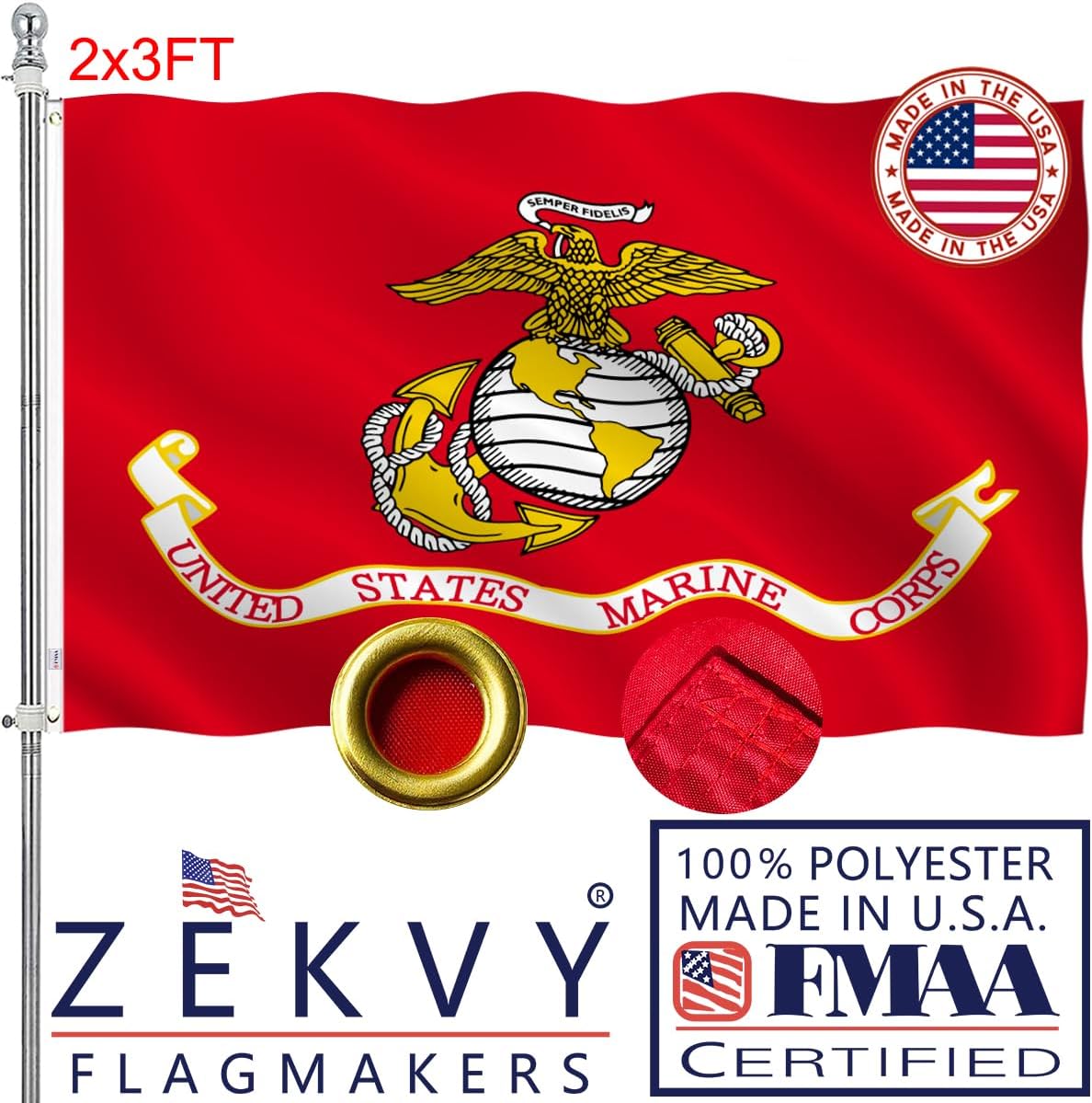 US Marine Corps USMC Flag 3x5 Outdoor Made in USA - Double Sided Heavy Duty Vivid Color US Military Army Flags Long Lasting with 2 Brass Grommet