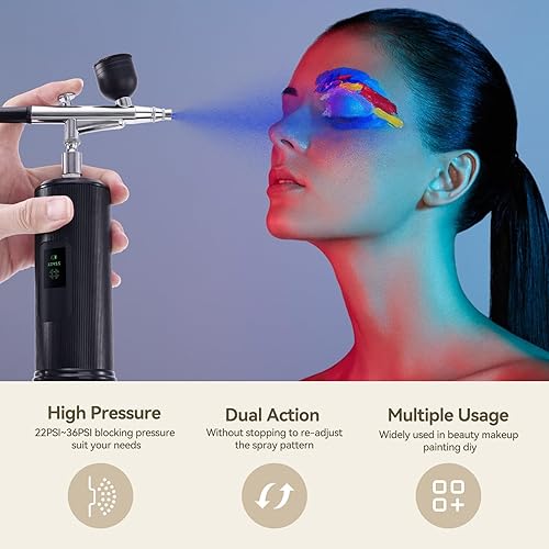 Miniatura 2 de LAKIX Kit de aerógrafo con compresor, pistola de aerógrafo recargable inalámbrica, 36PSI cepillo de aire portátil de mano para uñas, pintura,