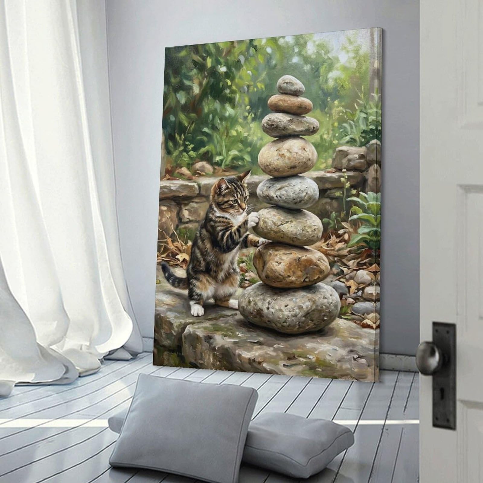 Junmoney Room Decor Wall Art Kitten Playing with Stacked Stones, 24x36inch(60x90cm), for Workspace Walls, Study Corners Or Bedrooms, A Smart Decor Choice for Study Walls