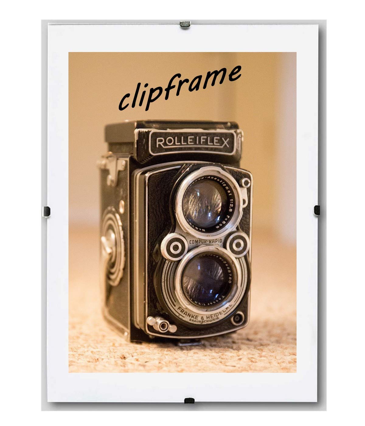 Rahmenloser Bildträger clipframe 50 x 80 cm mit weißer Rückwand und 1 mm Antireflex Kunstglas