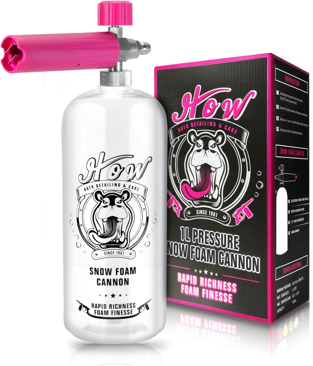 H.O.W Detailing 1L Snow Foam Cannon, Car Foam Sprayer for Pressure Washer with 5 Nozzle Tips, 1/4'' Quick Connector & Adjustable Spray Nozzle