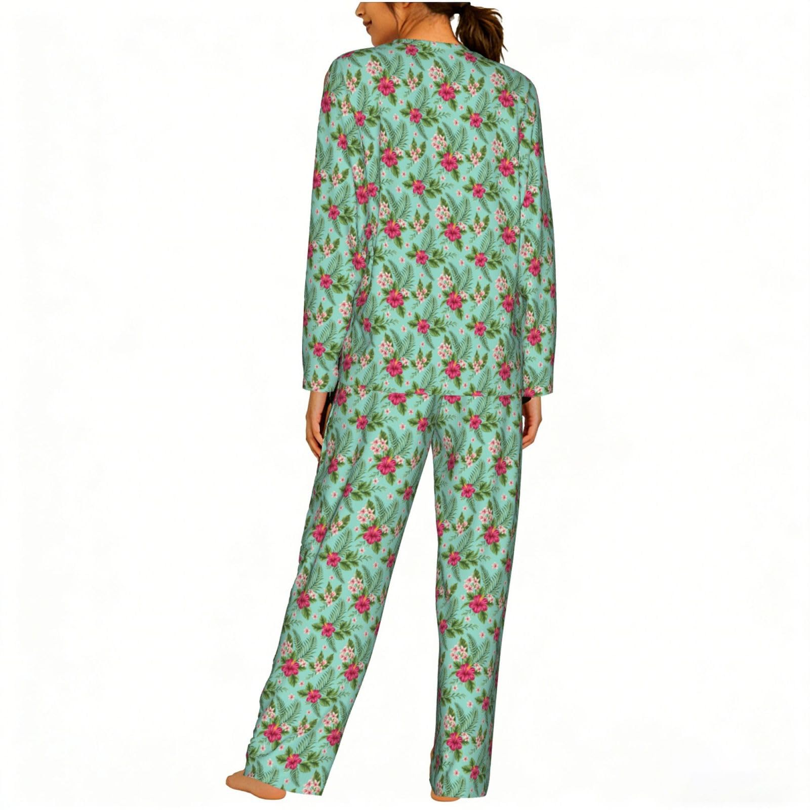 Pigiama da donna a maniche lunghe con stampa di fiori tropicali hawaiani morbido elastico coulisse casual Daywear